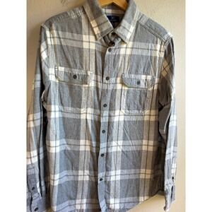 George Men's Medium (38-40) Gray White Plaid Flannel Button Up Shirt Long Sleeve